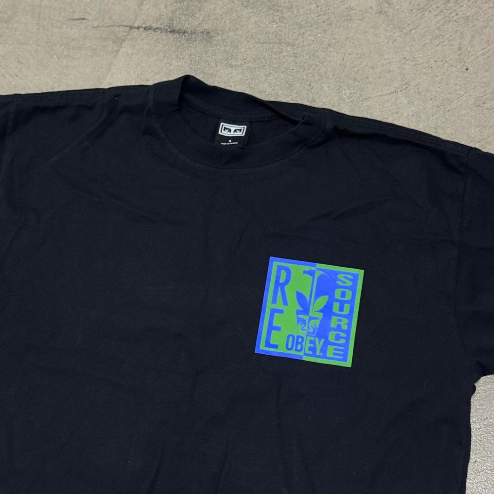 Obey Resource Graphic T-Shirt Mens Small Black Blue Green Short Sleeve Crewneck
